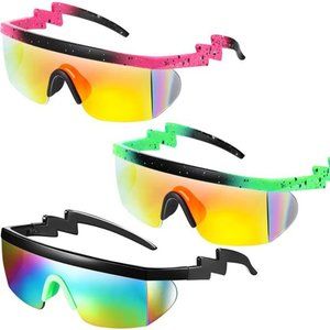 3 Pairs Neon Retro Semi Rimless Sunglasses 80s 90sZigzag Sunglasses Lens Rainbow